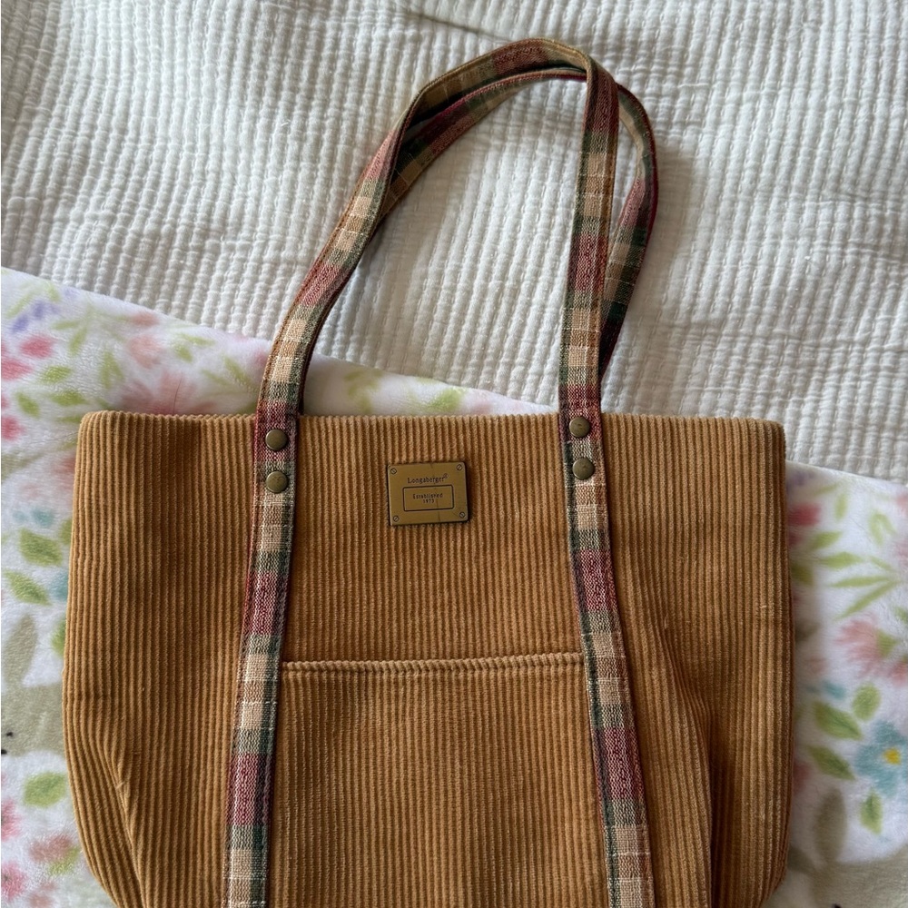 Longaberger Tan Corduroy Tote with Plaid Straps